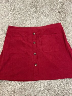 Red Button-Front Corduroy Skirt